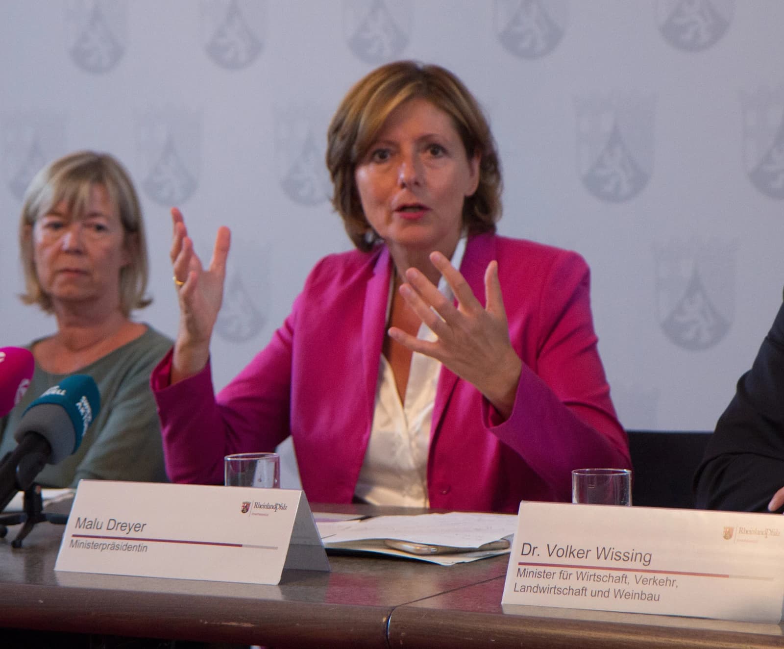 Malu Dreyer, Minister-President of Rhineland-Palatinate, speaking at a press conference.