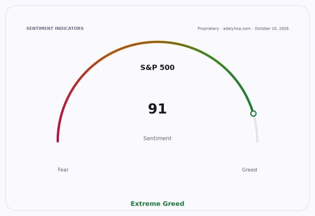 An S&P 500 sentiment gauge displaying a reading of 91, indicating 'Extreme Greed'.