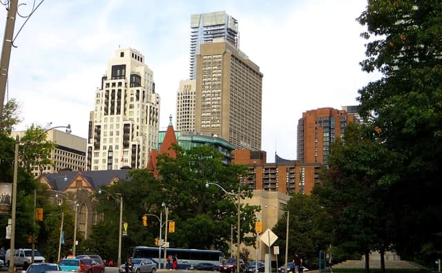High-rise buildings on Bloor Street in Toronto, Ontario, viewed from University of Toronto.