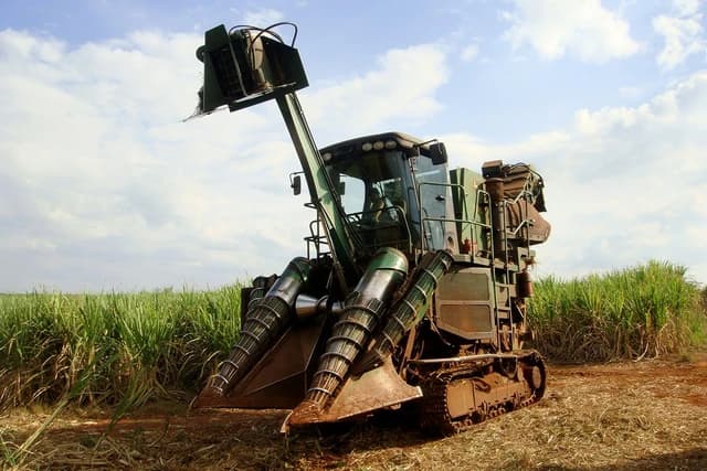 Sugarcane harvesting equipment working in a field under a partly cloudy sky.