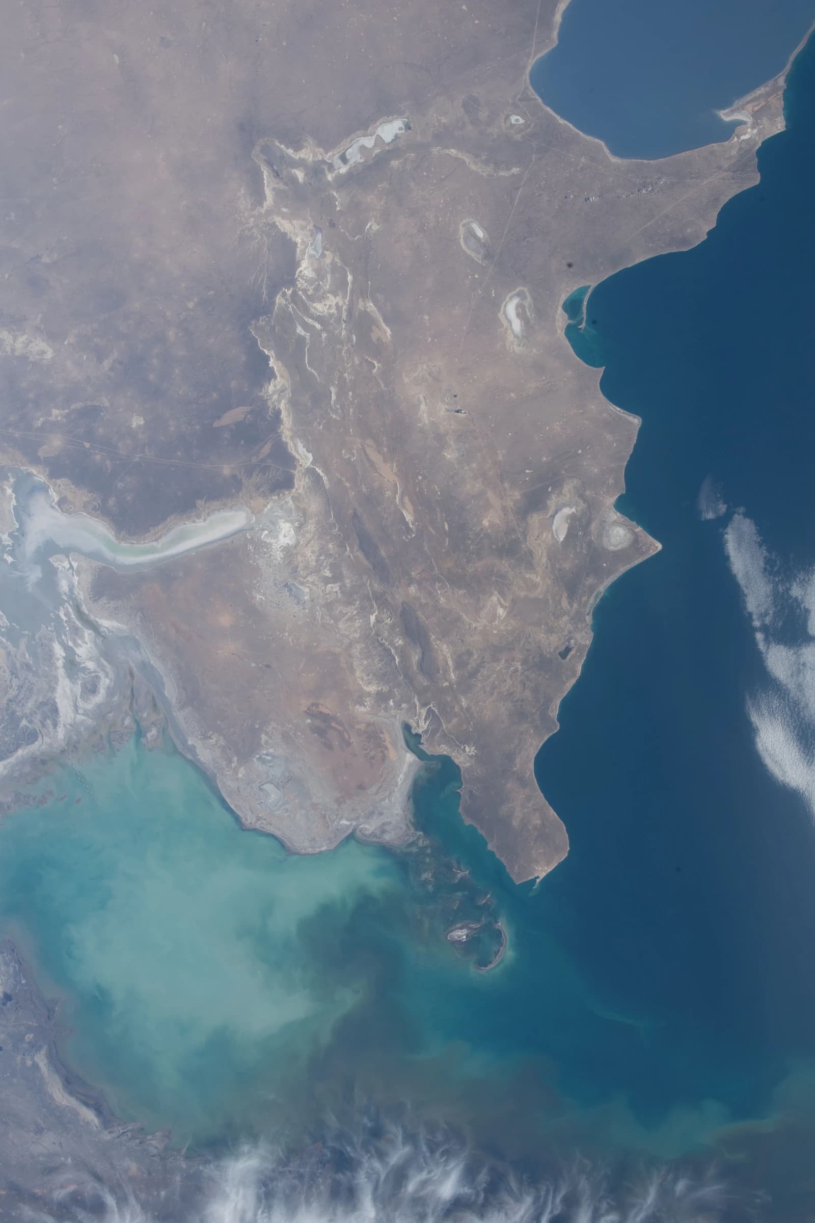 Caspian Sea coastline and Kazakhstan's landmass as viewed from the International Space Station.