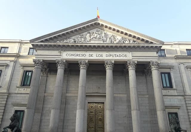 Exterior view of the Spanish Parliament building, 'Congreso de los Diputados', in Madrid.