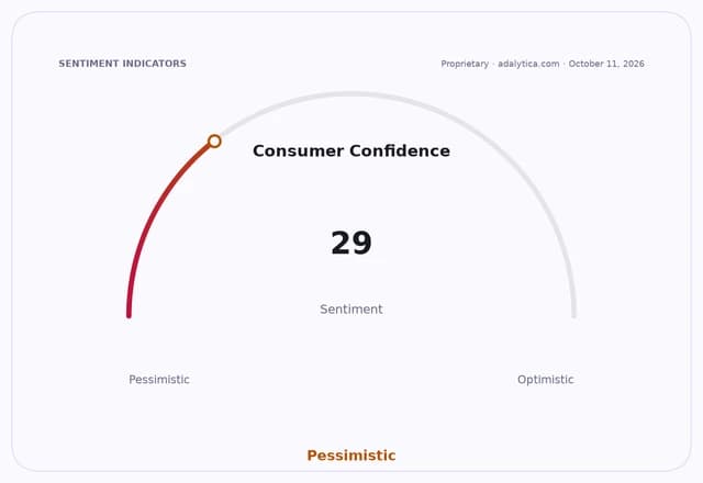 Consumer Confidence gauge dial pointing to 29, indicating a pessimistic sentiment.