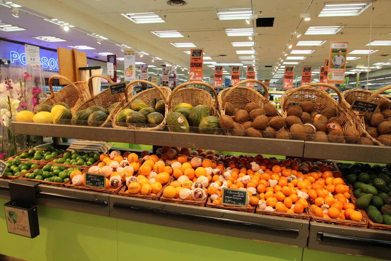 Baskets of coconuts, melons, oranges, limes, and tangerines on display in a grocery store.