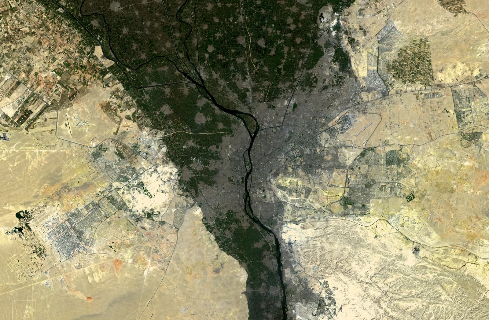 Satellite image showcasing the city of Cairo, Egypt, and the Nile River.