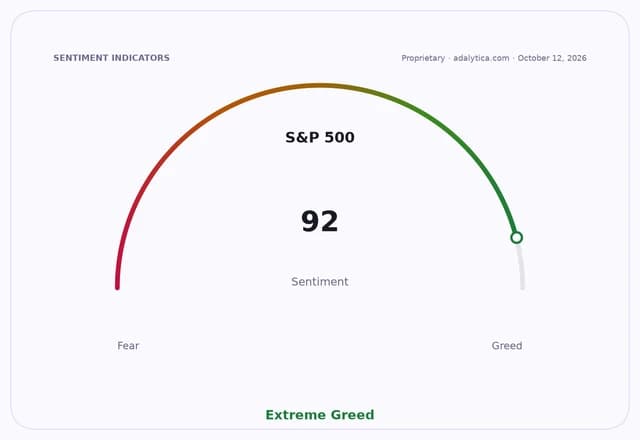 S&P 500 sentiment gauge dial shows 'Extreme Greed' with a reading of 92.