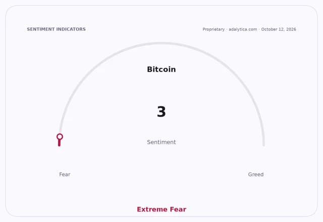 Bitcoin sentiment gauge dial showing a reading of 3, indicating Extreme Fear.