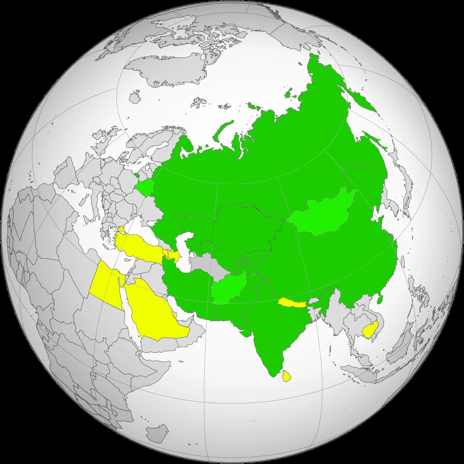 Map showing countries highlighted in green and yellow on a globe, centered on Asia.