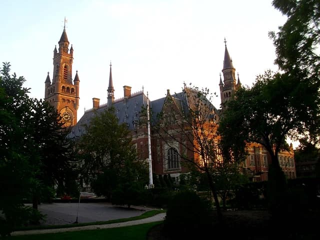 The Peace Palace building, headquarters of the International Criminal Court, seen from a side view.
