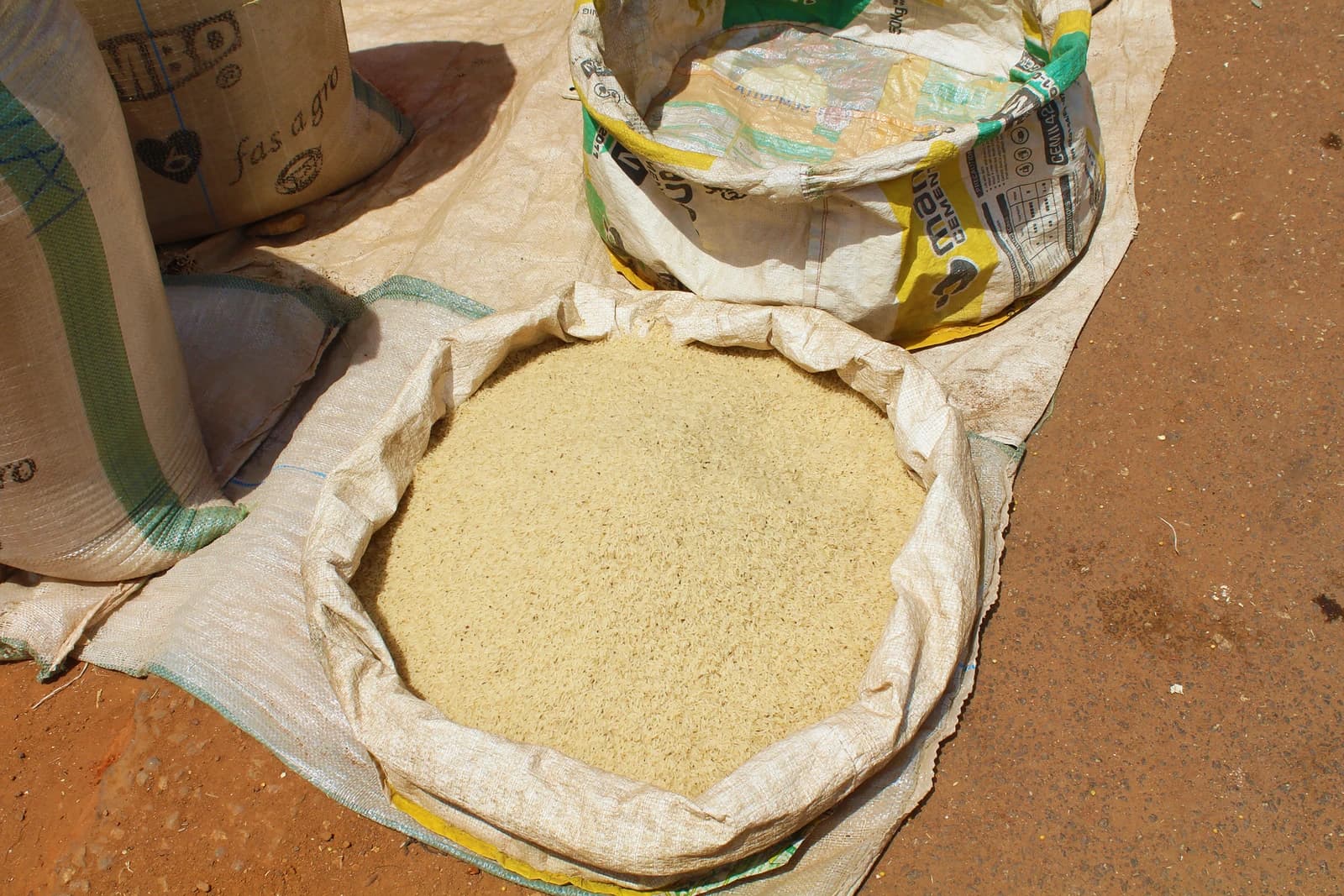 Bags of rice on display for sale at the Monday Market in Kakuri, Kaduna.