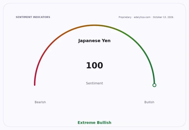 A sentiment gauge dial for the Japanese Yen showing an Extreme Bullish reading of 100.