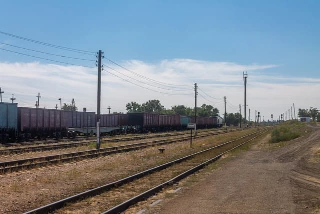 Freight trains loaded with coal on multiple tracks at Matay railway station.