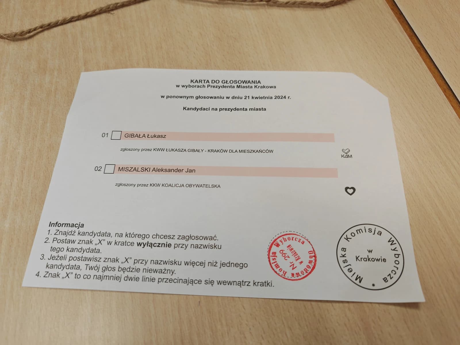 Close-up of a ballot showing candidates Gibała Łukasz and Miszalski Aleksander Jan.