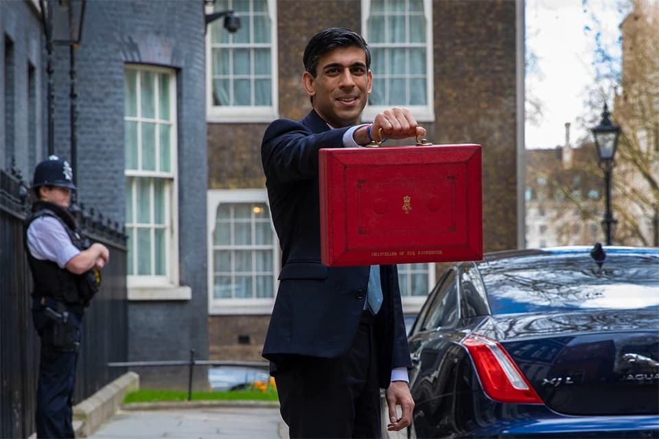 Rishi Sunak, then Chancellor of the Exchequer, holding the red Budget box outside 11 Downing Street.