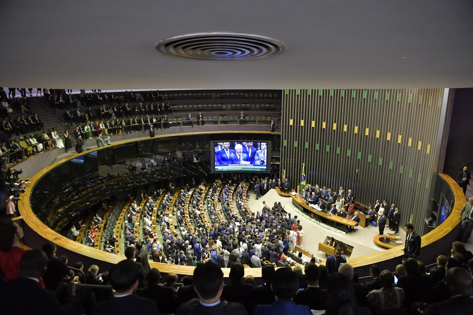 Brazilian politicians and guests attending the 2023 Presidential Inauguration ceremony in Congress.