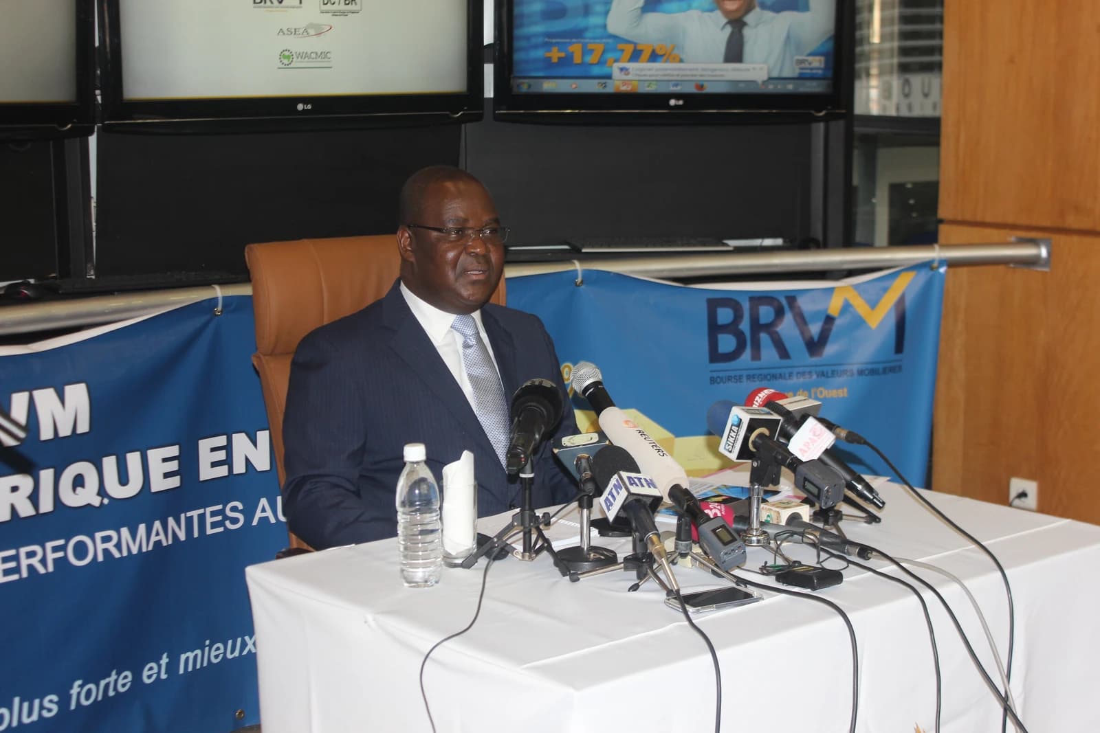 Dr. Edoh Kossi Aménounvé, CEO of BRVM, speaking at a press conference.