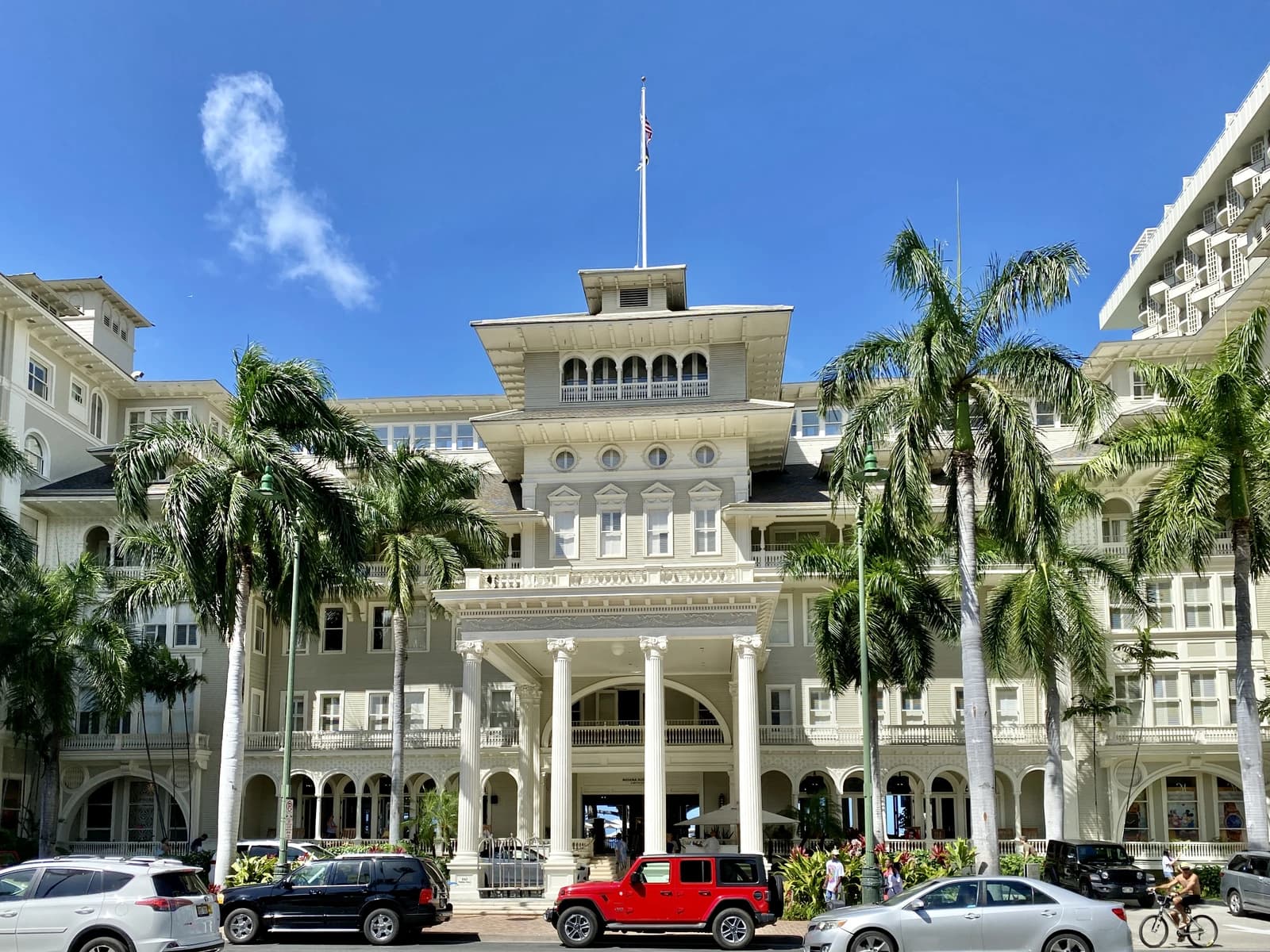 Moana Hotel, a historic building, stands along Kalakaua Avenue in Waikiki, Honolulu.