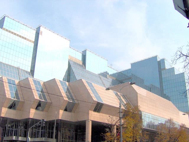Exterior architectural view of the Central Bank building in Belgrade, Serbia.