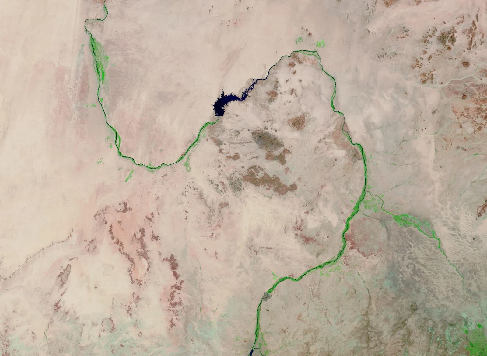Satellite image shows green vegetation along the path of the Nile River in a desert landscape.