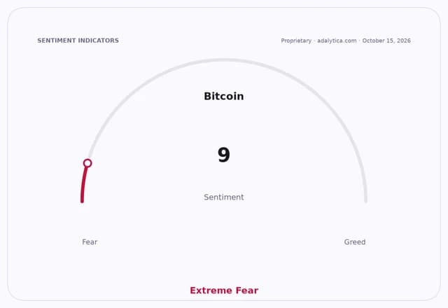 Bitcoin sentiment gauge dial indicating a reading of 9, signaling Extreme Fear.