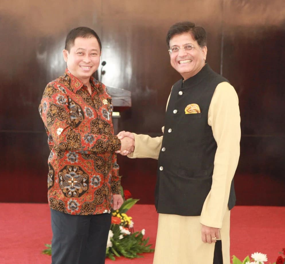 Piyush Goyal, India's Minister of Railways, shaking hands with Ignasius Jonan, Indonesia's Minister of Energy.