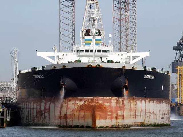 Oil tanker Thornbury docked at Port of Rotterdam, being unloaded or loaded.