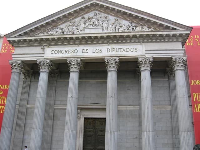 Entrance to the Congress of Deputies, a classical building with large columns.
