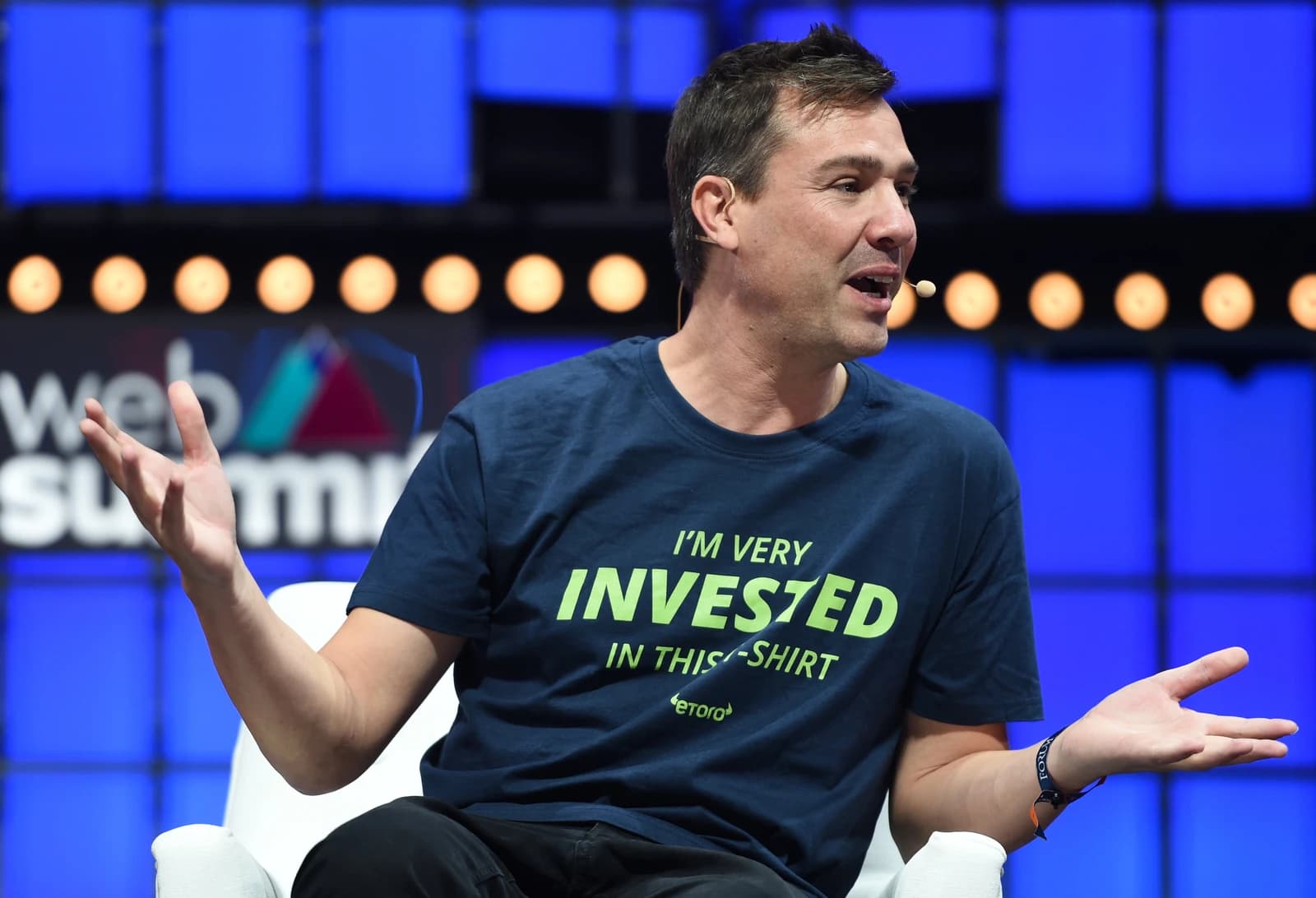 Yoni Assia, CEO of eToro, speaking at the Web Summit conference.