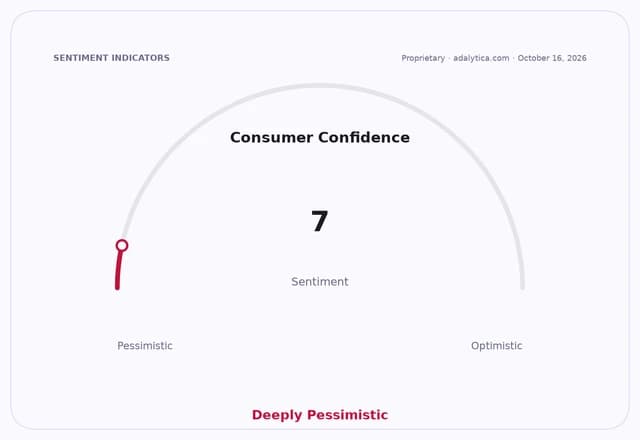 Consumer Confidence sentiment dial showing a reading of 7, indicating 'Deeply Pessimistic'.