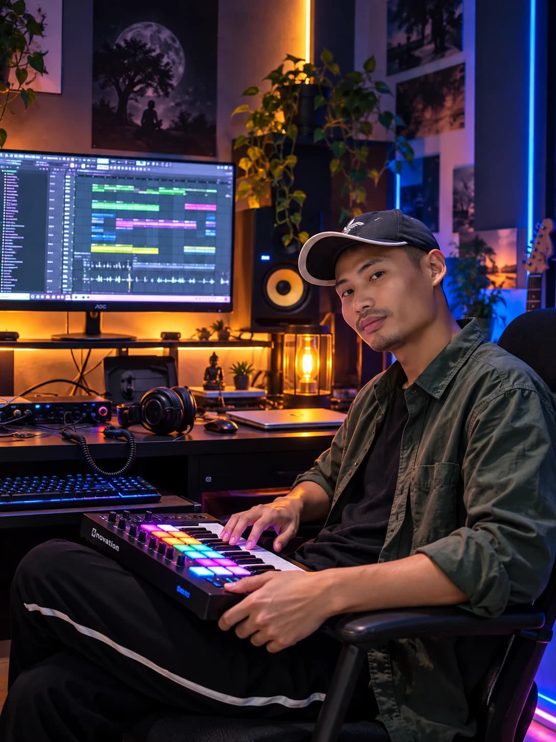 Music producer working with a MIDI controller in a recording studio.
