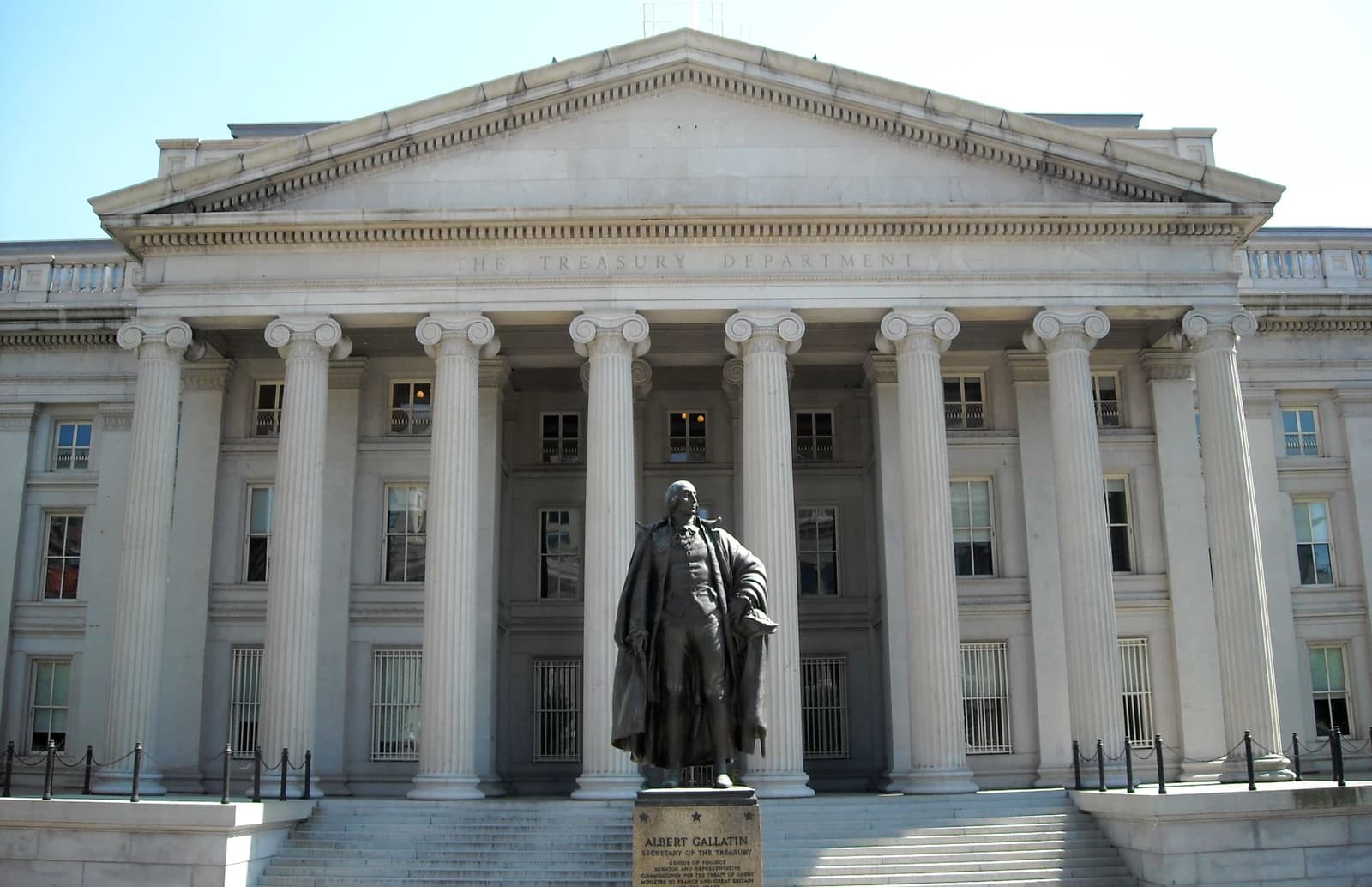 Albert Gallatin statue in front of the US Treasury Department building.