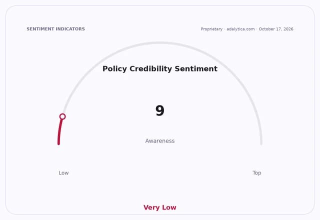 Gauge dial showing Policy Credibility Sentiment Awareness at 9, in the 'Very Low' zone.
