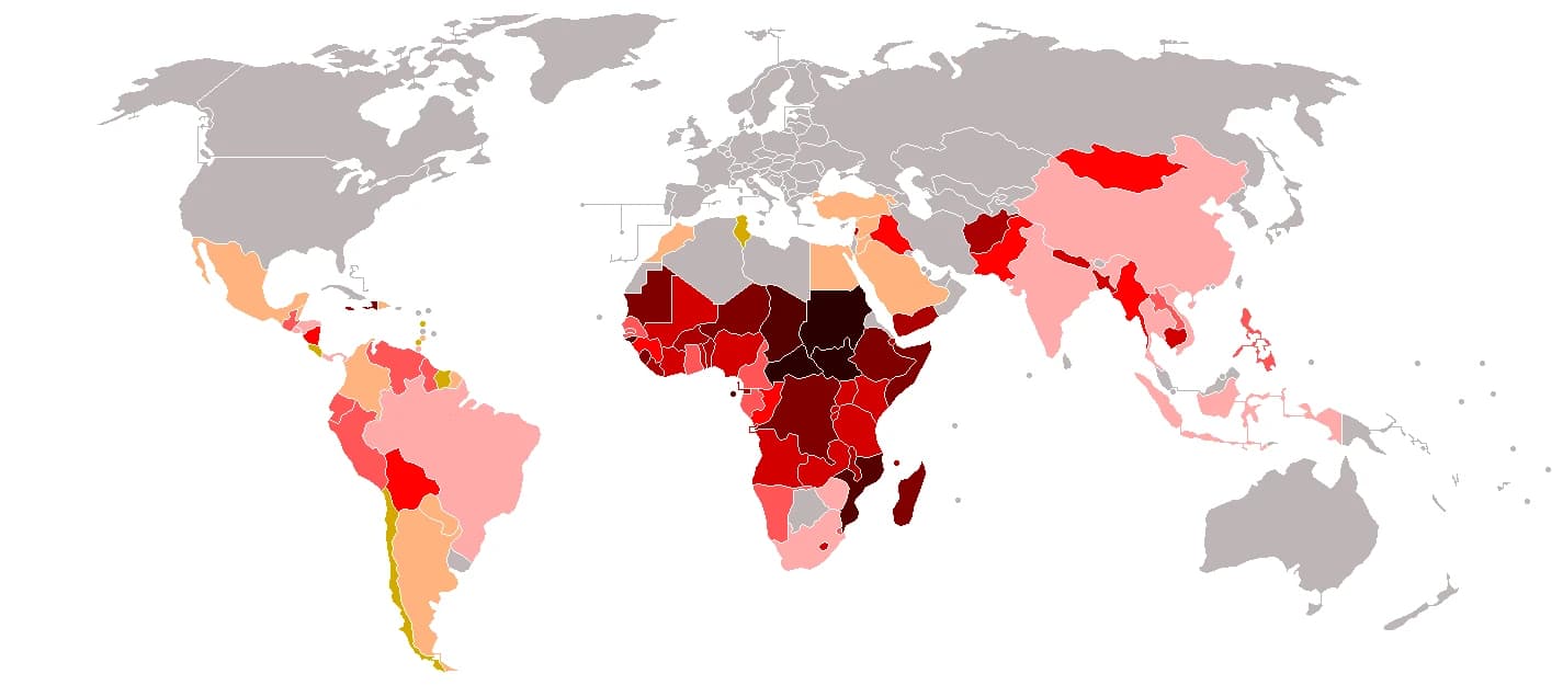 World map illustrating urban population living in slums across various countries.