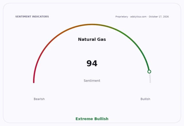 Sentiment gauge dial for Natural Gas showing a reading of 94, in the Extreme Bullish zone.