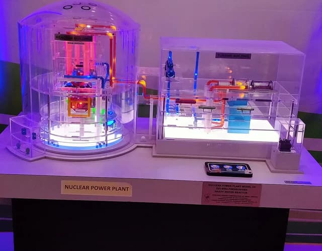 Model showing a nuclear power plant's reactor building and turbine building.