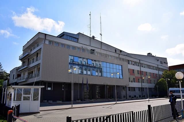 Exterior view of the Parliament building in Kosovo.
