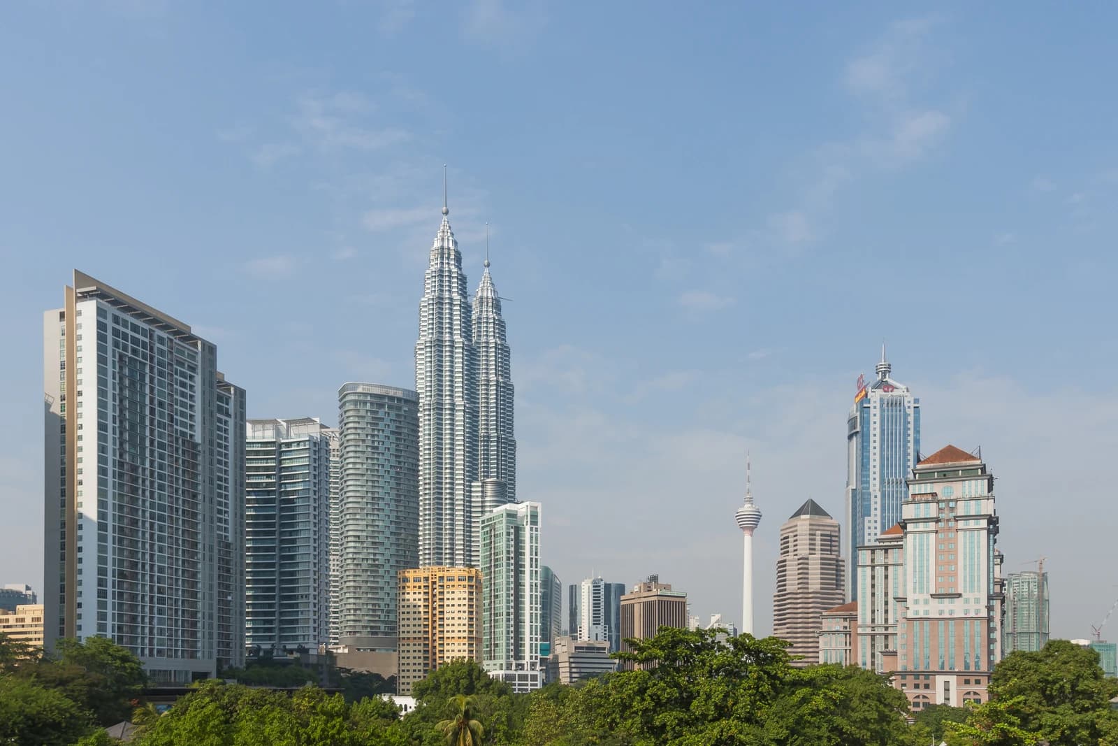 Kuala Lumpur skyline featuring the prominent Petronas Twin Towers and Menara Kuala Lumpur.