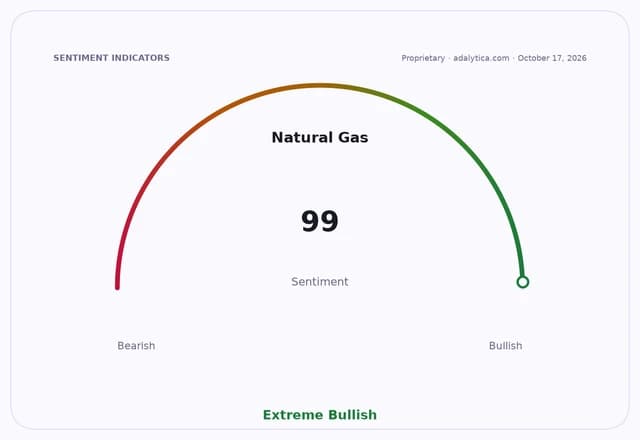 Natural Gas sentiment gauge dial showing an Extreme Bullish reading of 99.