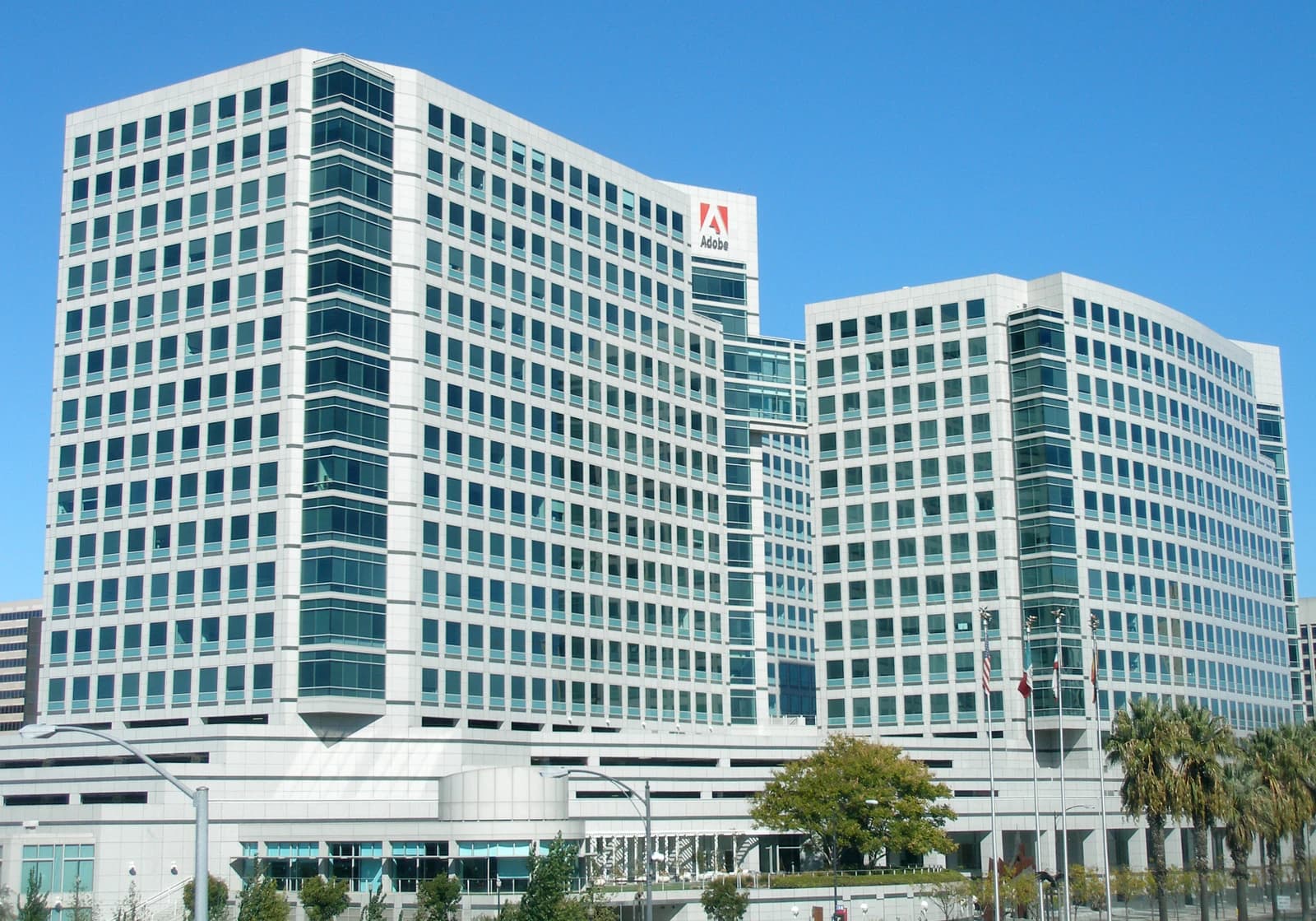 Adobe World Headquarters building with the Adobe logo visible on the upper part.