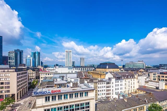 Aerial view of Frankfurt, Germany, showcasing city architecture and financial district buildings.