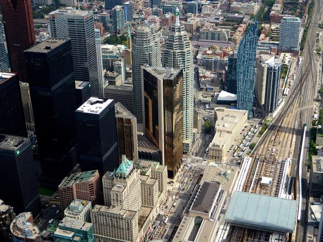 Aerial view of Royal Bank Plaza and surrounding buildings in downtown Toronto.