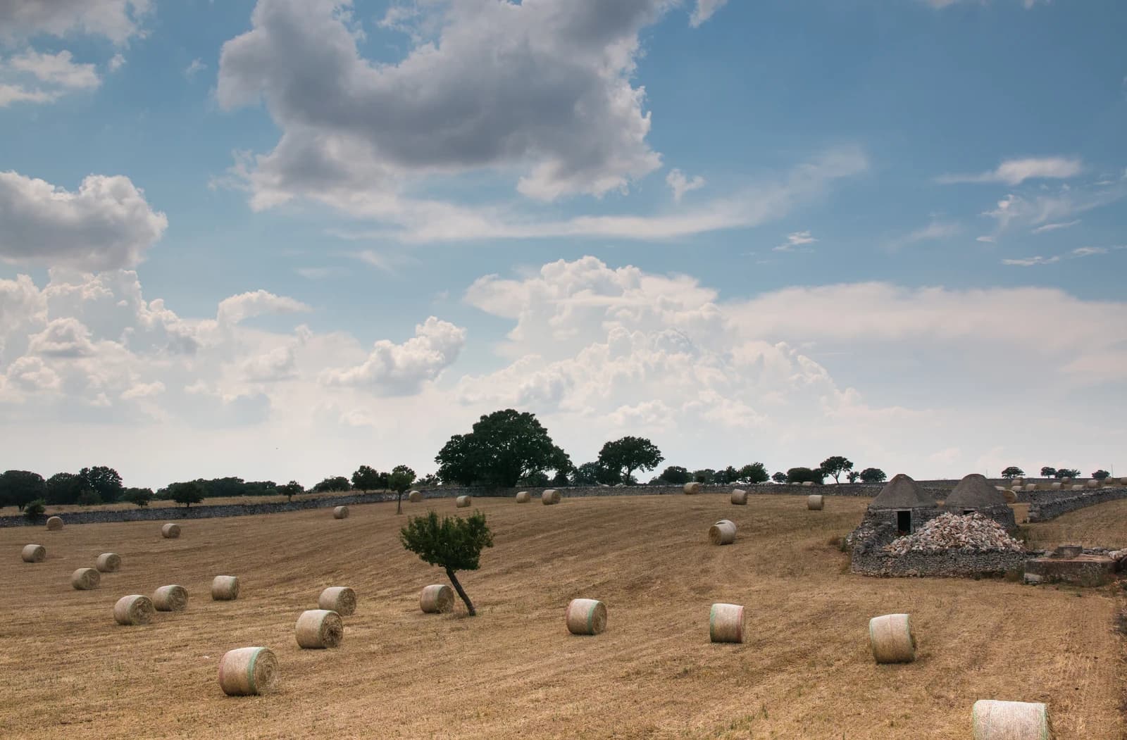 Dry field with numerous hay bales and traditional stone structures under a cloudy sky.