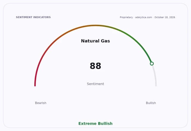 Sentiment gauge dial for Natural Gas, showing an Extreme Bullish reading of 88.