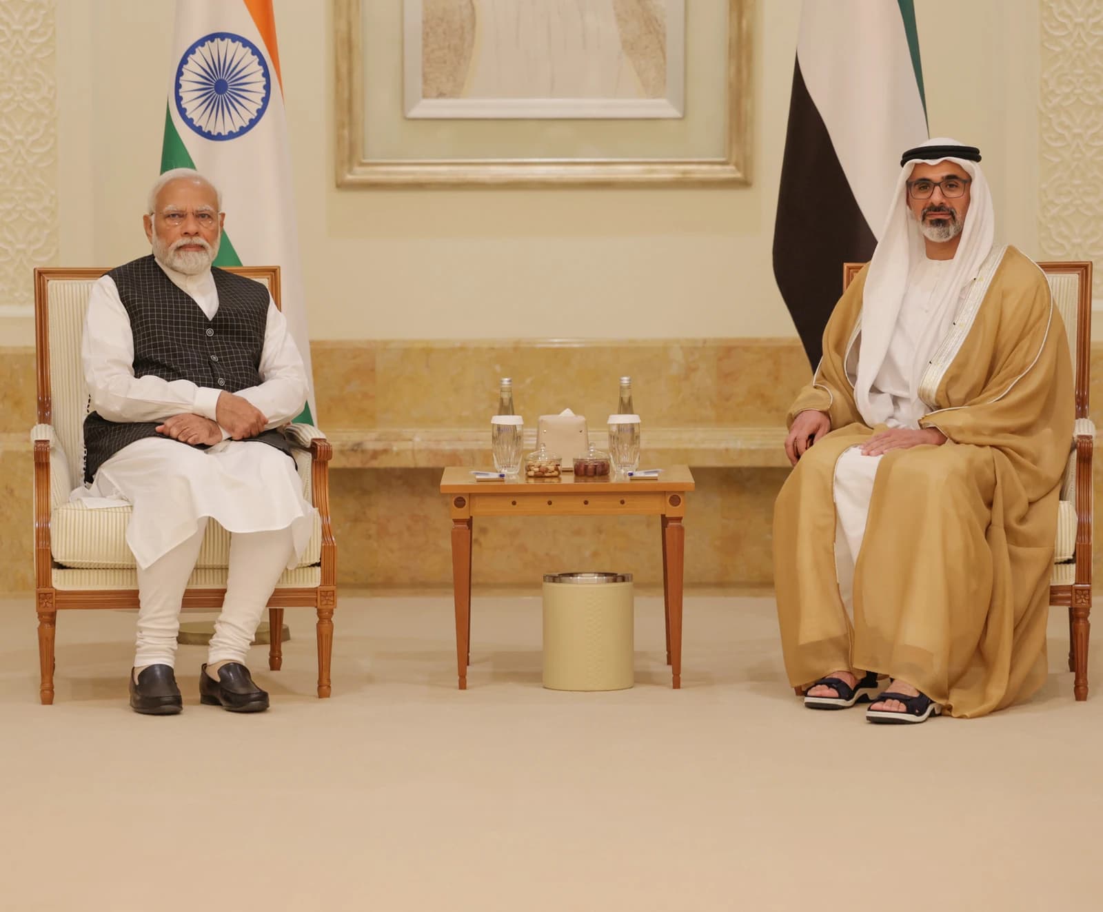 Indian Prime Minister Narendra Modi and Abu Dhabi Crown Prince Sheikh Khaled bin Mohamed bin Zayed Al Nahyan seated.