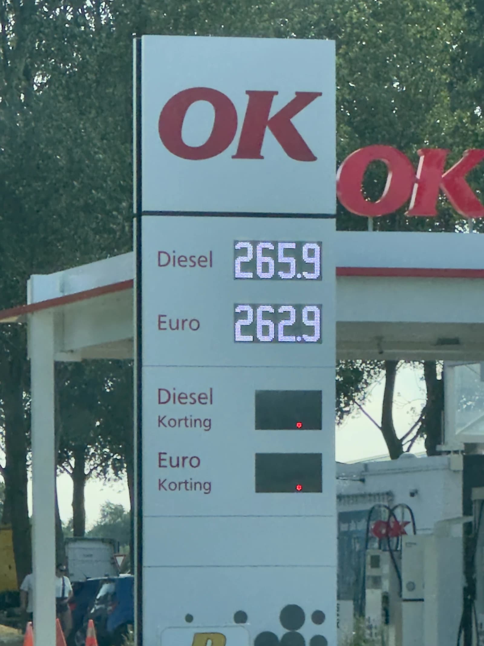 Digital sign at OK Coosenhoek gas station showing diesel and Euro fuel prices.
