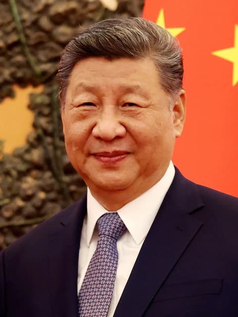 Xi Jinping, President of China, smiling with a red background and yellow stars.