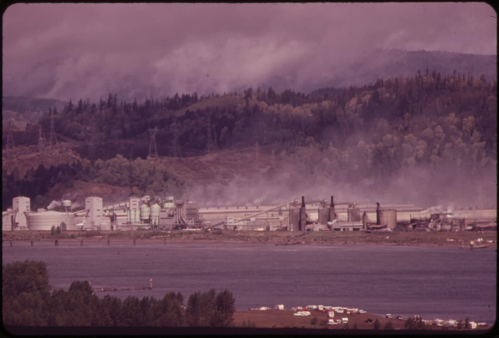 Weyerhaeuser Company plant along the Columbia River with surrounding forested hills.