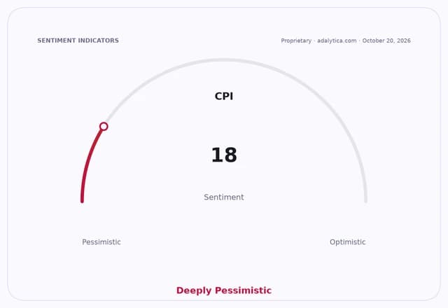 Sentiment gauge dial showing CPI sentiment at 18, pointing to 'Deeply Pessimistic'.