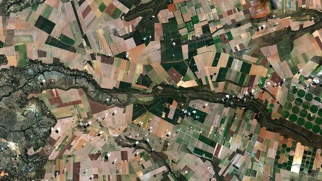 Aerial view of various agricultural fields and a river in Central Brazil.