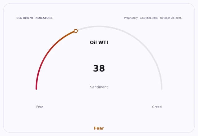 Oil WTI sentiment gauge dial pointing to 38, firmly in the Fear zone.